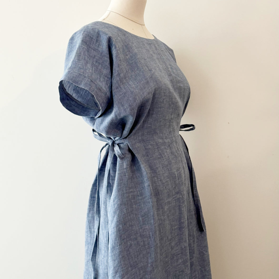 [HANDMADE] Tie Dress - Denim-Like Linen Light Blue XL - 3XL