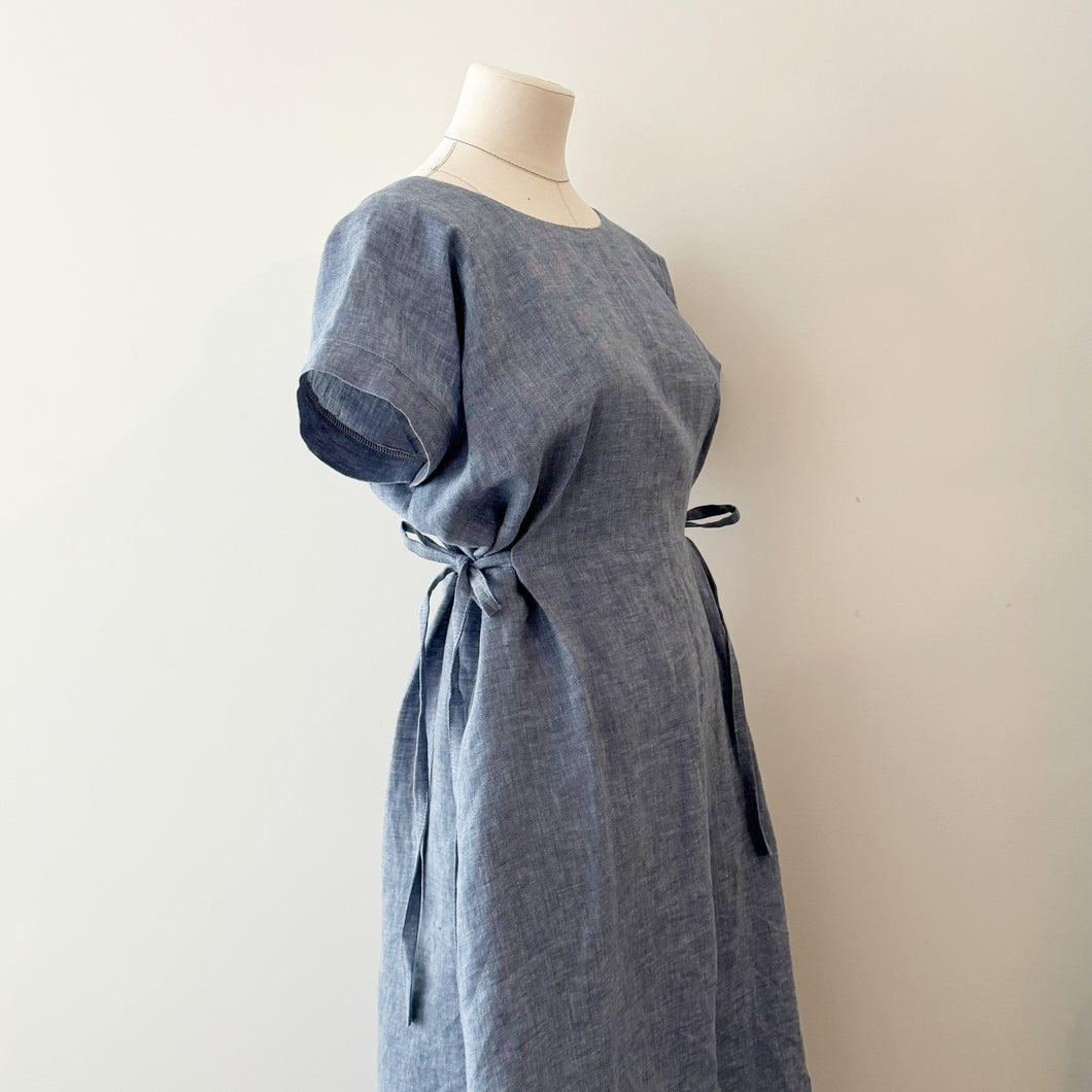 [HANDMADE] Tie Dress - Denim-Like Linen Light Blue XS - L