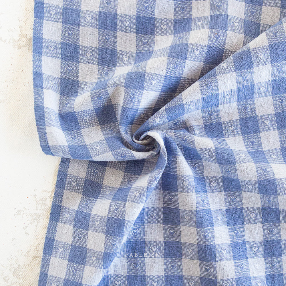 1/2 Yard Dobby Hearts Gingham Cotton in Alice Blue 54