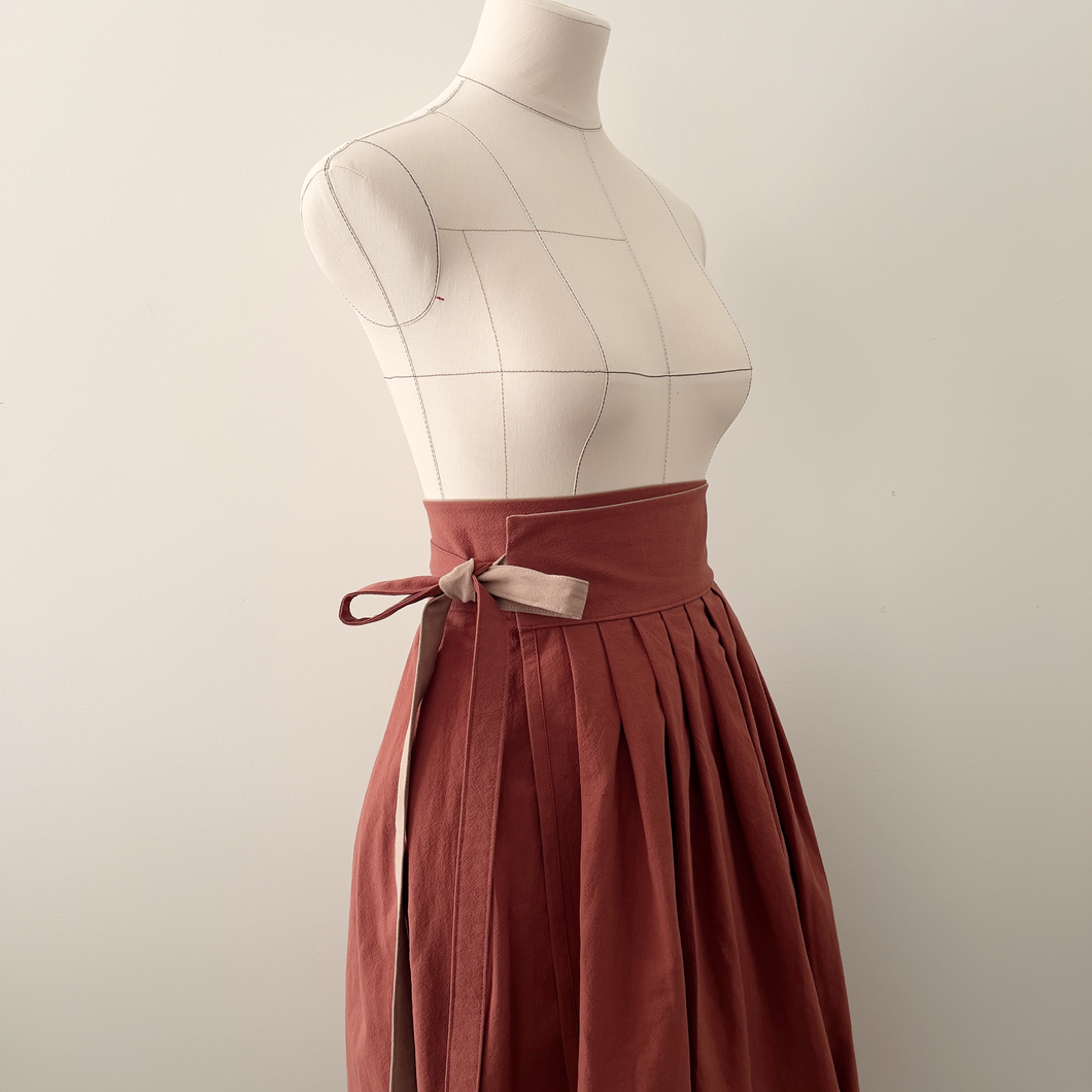 [HANDMADE] Cotton Hanbok Wrap Skirt - Red Brick & Walnut