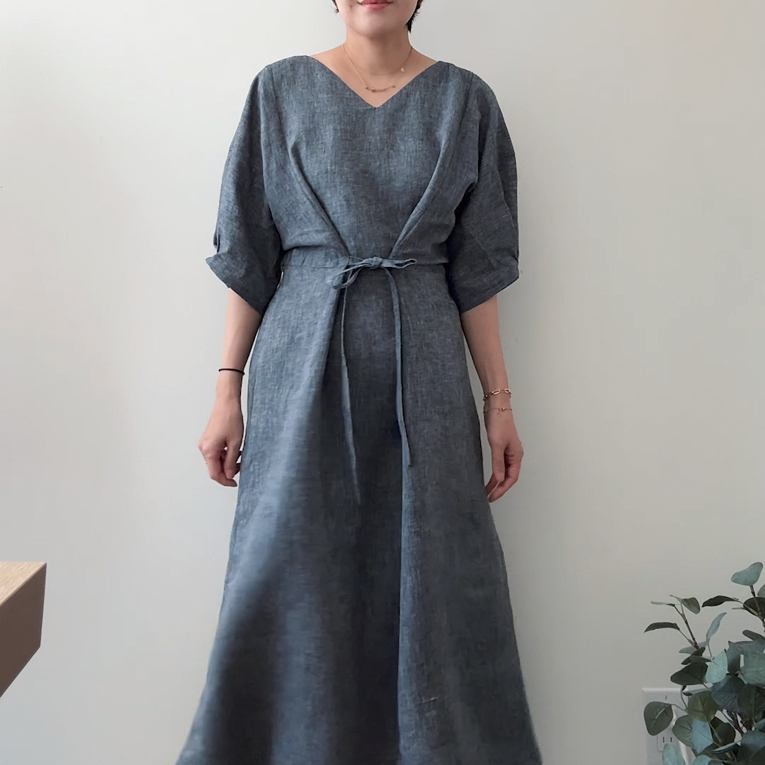 HANDMADE Tie Dress Denim Like Linen Navy XS L