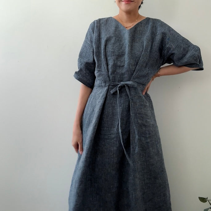 [HANDMADE] Tie Dress - Denim-Like Linen Navy XL - 3XL